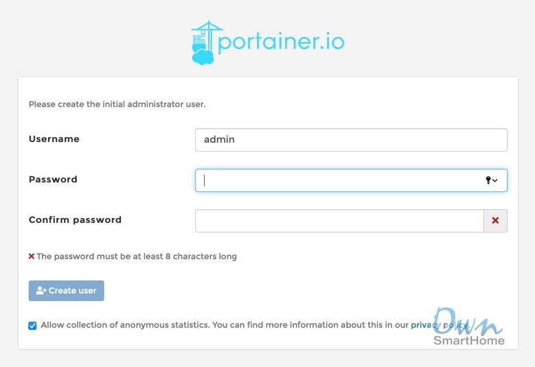 portainer start page username password